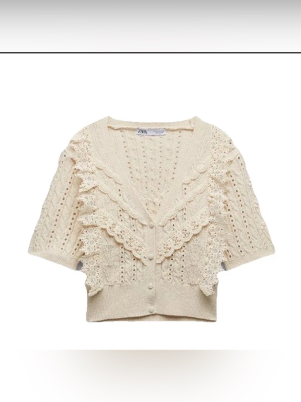 Zara Cream Cropped Crochet-Trim Knit Cardigan